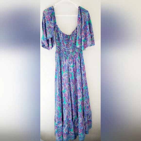 Kasturi Women's Boho Silk Smocked Colorful Paisley Print Maxi Dress Sm/Med NWT - Picture 2 of 7